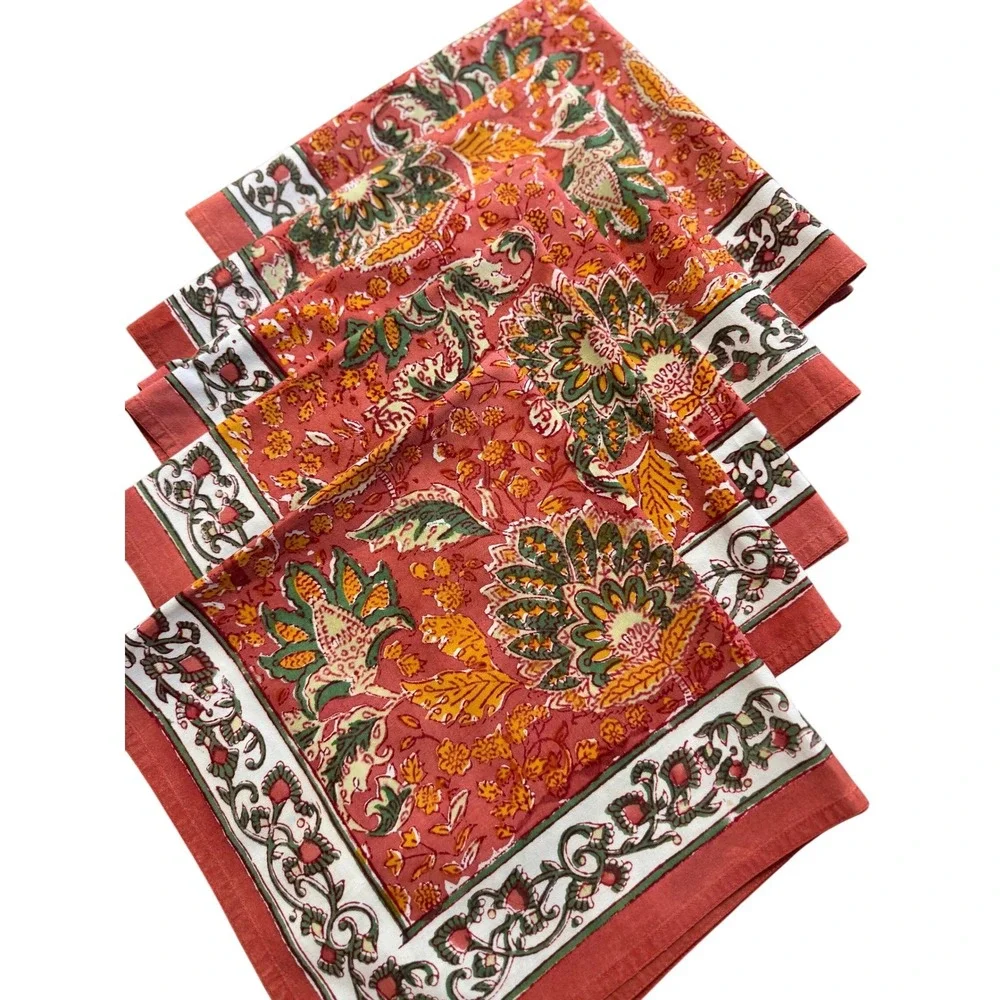 Hand‎ Block Print Floral Cotton Placemats & Napkins Set 9pc Terracotta Boho